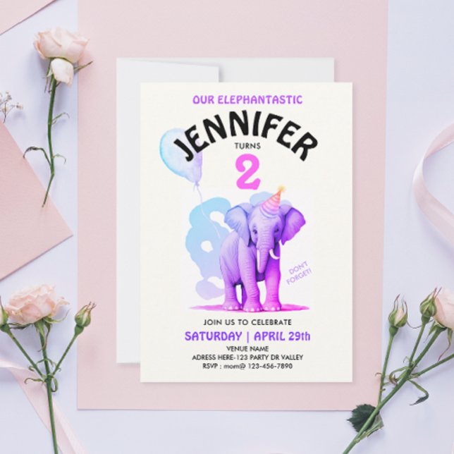 Girly Pastel Elephant Watercolor Birthday Party Invitation (Creator Uploaded)