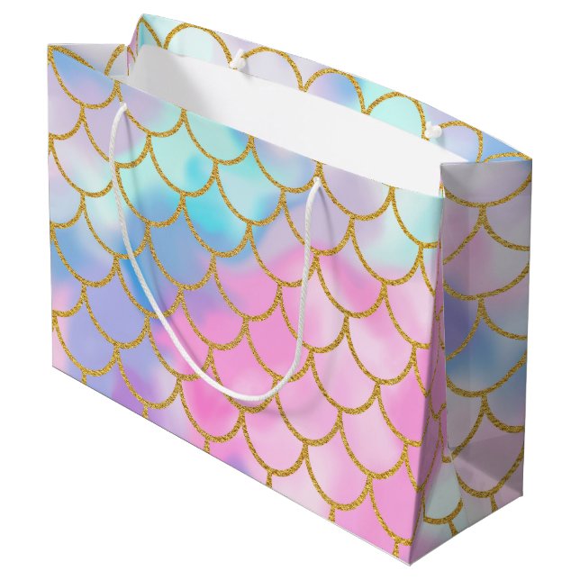 Girly Pastel Ombre Gold Glitter Mermaid Large Gift Bag (Back Angled)