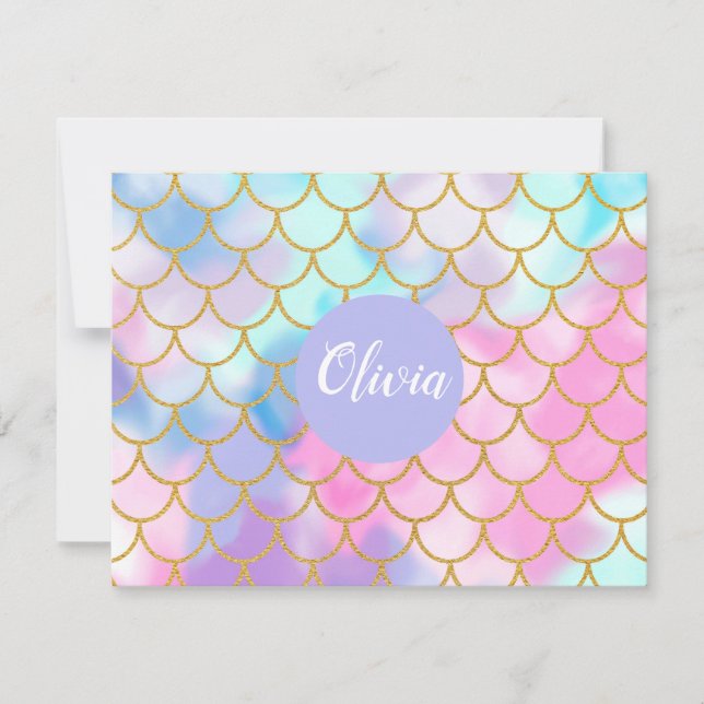 Girly Pastel Ombre Gold Glitter Mermaid Monogram Card (Front)