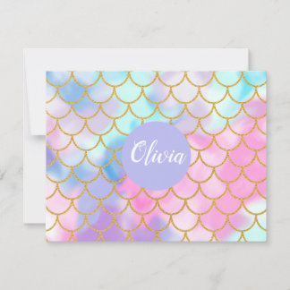 Girly Pastel Ombre Gold Glitter Mermaid Monogram Card