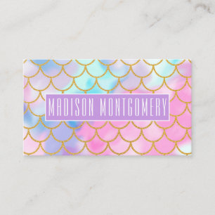 Girly Pastel Ombre Gold Glitter Mermaid Name Business Card