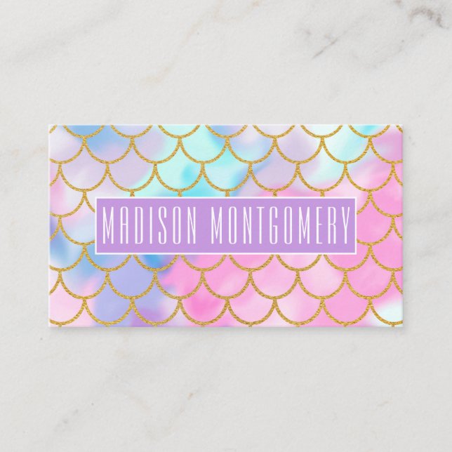 Girly Pastel Ombre Gold Glitter Mermaid Name Business Card (Front)