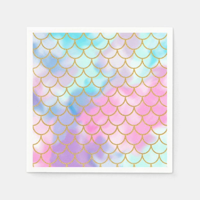Girly Pastel Ombre Gold Glitter Mermaid Napkin (Front)