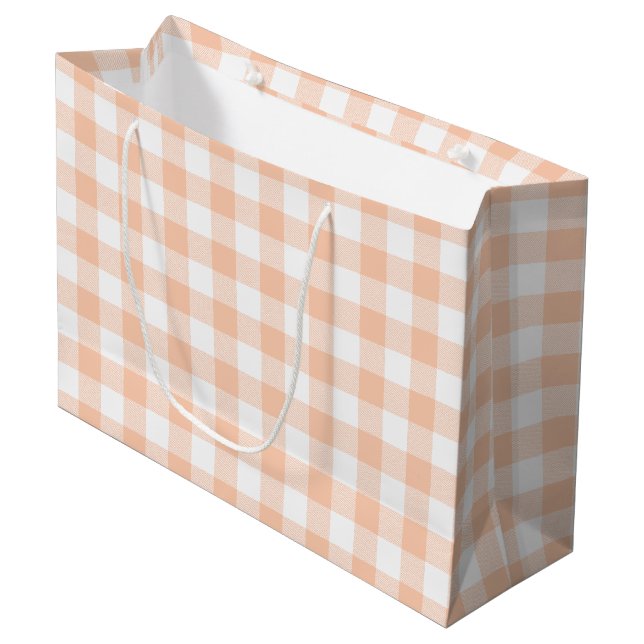Girly Pastel Peach Gingham Plaid Large Gift Bag (Front Angled)