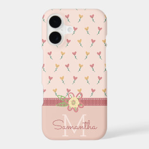 Girly Pastel Peach Heart Flower Pattern & Monogram