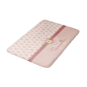 Girly Pastel Peach Heart Flower Pattern & Monogram Bath Mat