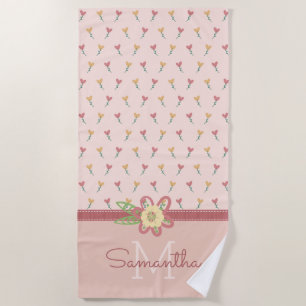 Girly Pastel Peach Heart Flower Pattern & Monogram Beach Towel