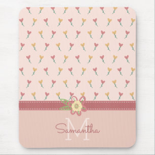Girly Pastel Peach Heart Flower Pattern & Monogram Mouse Pad