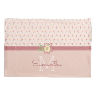 Girly Pastel Peach Heart Flower Pattern & Monogram Pillowcase