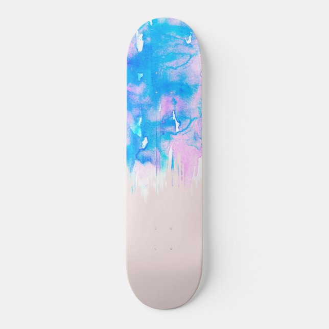 Girly Pastel Pink and Blue Watercolor Paint Drips Skateboard (Front)