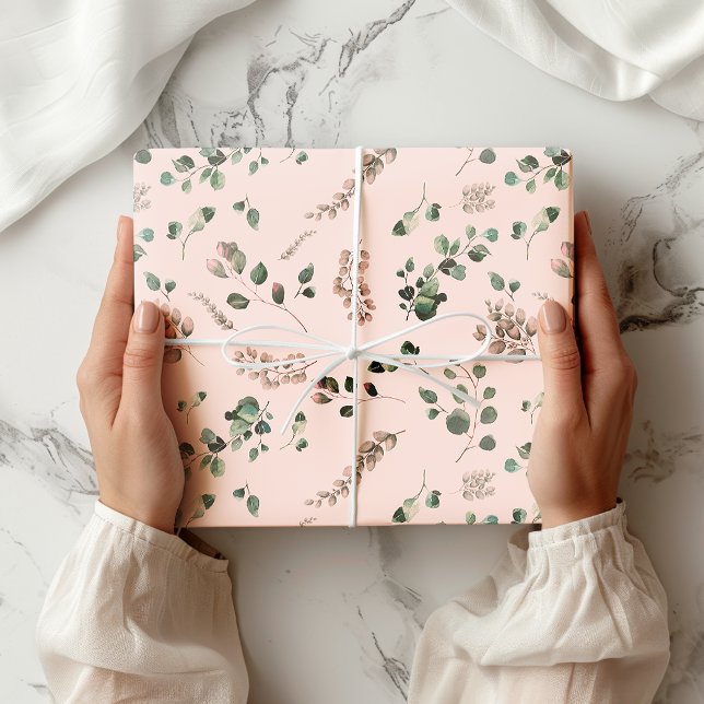 Girly Pastel Pink & Green Eucalyptus Watercolor Wrapping Paper (Creator Uploaded)