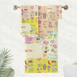 Girly Pastel Pink Kawaii Doodle Bath Towel Set