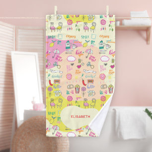 Girly Pastel Pink Kawaii Doodle Hand Towel
