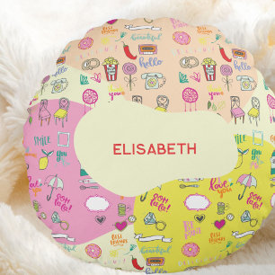 Girly Pastel Pink Kawaii Doodle Round Cushion