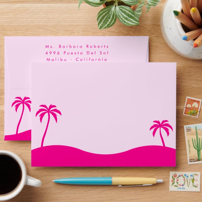 Girly Pastel Pink Palm Trees Beach Party Envelope (Desk)
