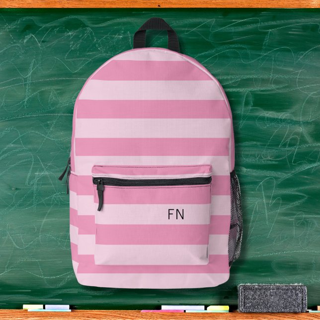Girly Pastel Pink Stripes Monogram Initials Printed Backpack (Creator Uploaded)