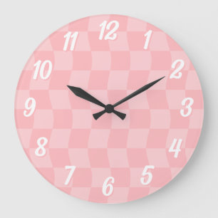 Girly Pastel Pink Wavy Chequerboard Large Clock