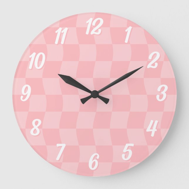 Girly Pastel Pink Wavy Chequerboard Large Clock (Front)