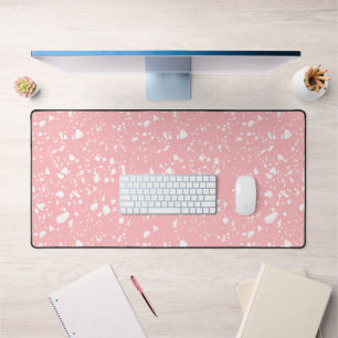 Girly Pastel Pink White Abstract Terrazzo Pattern Desk Mat