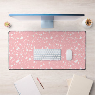 Girly Pastel Pink White Abstract Terrazzo Pattern Desk Mat