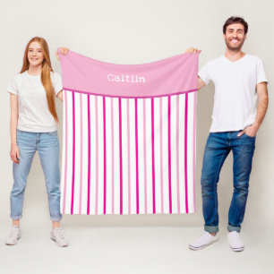 Girly Pastel Pink White Stripes Name Fleece Blanket