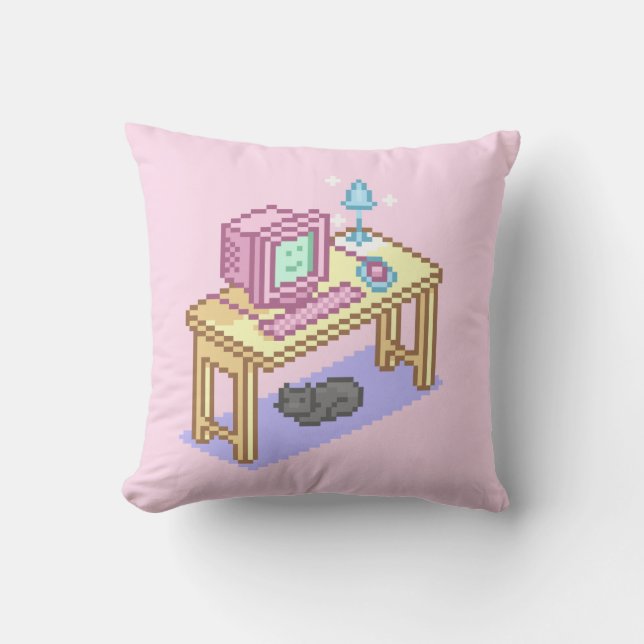 Girly Pastel Pink Yellow Cute Cartoon Computer Cushion (Front)