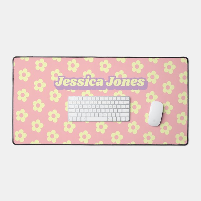 Girly Pastel Pink Yellow Cute Daisy Groovy Name Desk Mat (Keyboard & Mouse)