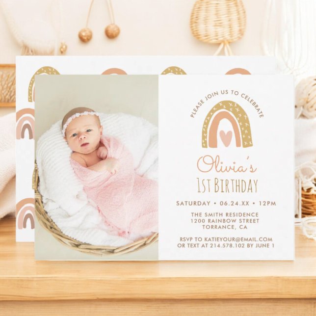 Girly Pastel Rainbow 1st Birthday Photo Invitation (Creator Uploaded)