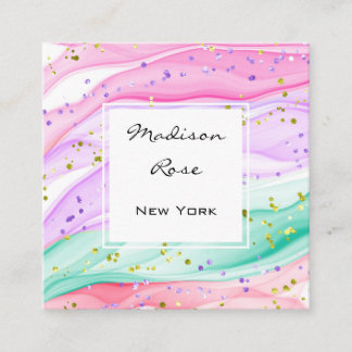 Girly Pastel Rainbow Unicorn Candy Pink Lilac Gold Square Business Card