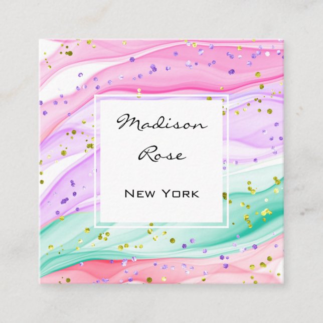 Girly Pastel Rainbow Unicorn Candy Pink Lilac Gold Square Business Card (Front)