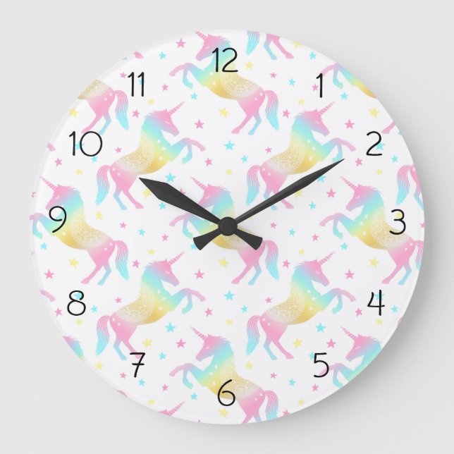 Girly Pastel Rainbow Unicorn Pattern Large Clock (Front)