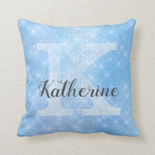 Girly Pastel Sky Blue Azure Sparkle Monogram Name Cushion