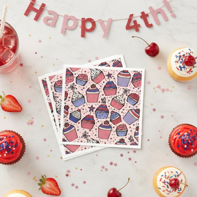 Girly Patriotic Red White and Blue Cupcake Party Napkin (Cute Pink 4th of July Party Napkins. Girly Patriotic Stars and Strips Fourth of July Cupcake Pattern)
