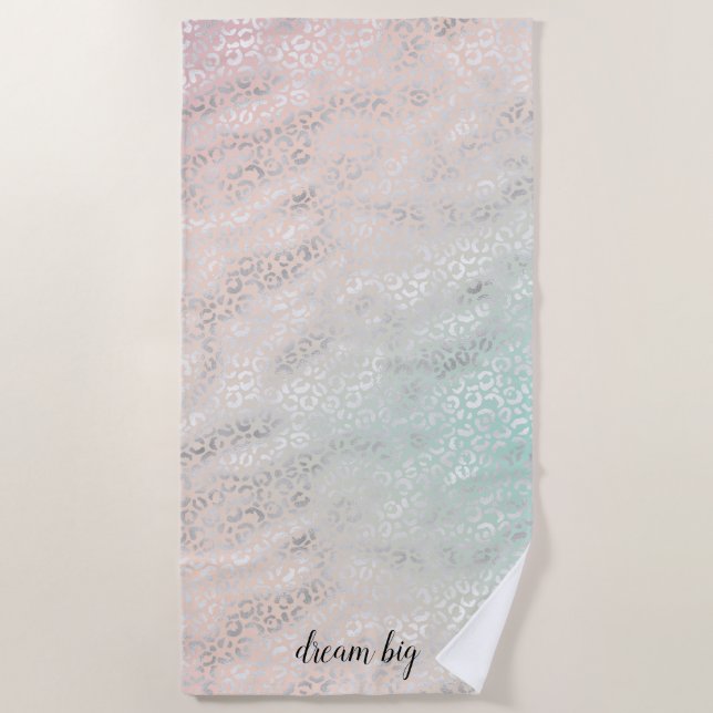 Girly Peach Aqua Tie Dye Silver Leopard Print Beach Towel (Front)
