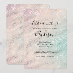 Girly Peach Aqua Tie Dye Silver Leopard Print Invitation