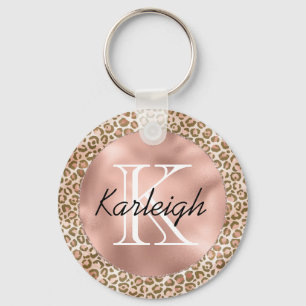 Girly Peach Brown Leopard Print Monogram Key Ring