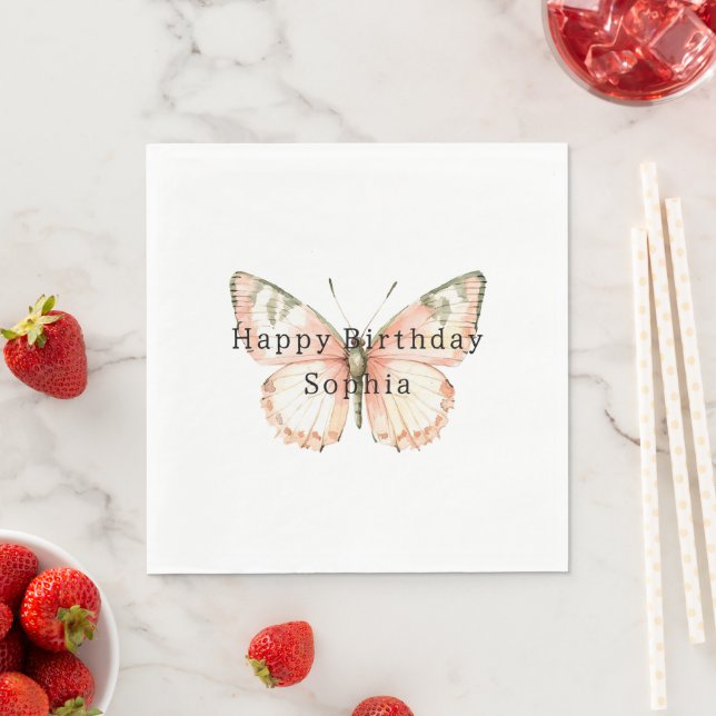 Girly Peach Butterfly Birthday Napkin (Insitu)