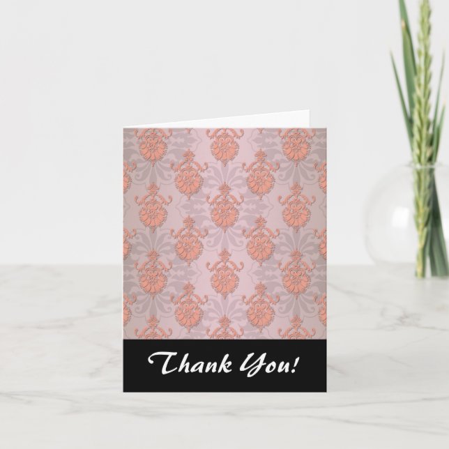 Girly Peach Damask Thank You Card (Front)