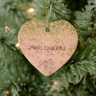 Girly Peach Gold Leopard Glitter           Ceramic Tree Decoration