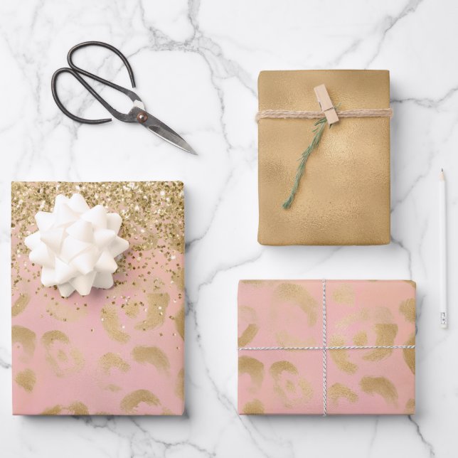 Girly Peach Gold Leopard Glitter           Wrapping Paper Sheet (Front)