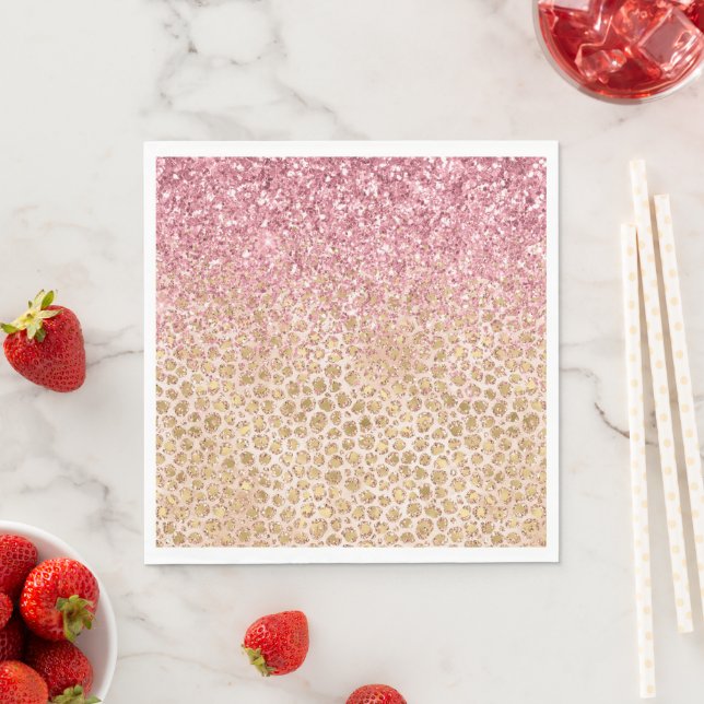 Girly Peach Gold Leopard Print Pink Glitter Glitzy Napkin (Insitu)