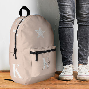 Girly Peach Pink Monogram Stylish Stars School Printed Backpack