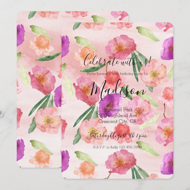 Girly Peach Pink Purple Floral Watercolor Invitation (Front/Back)