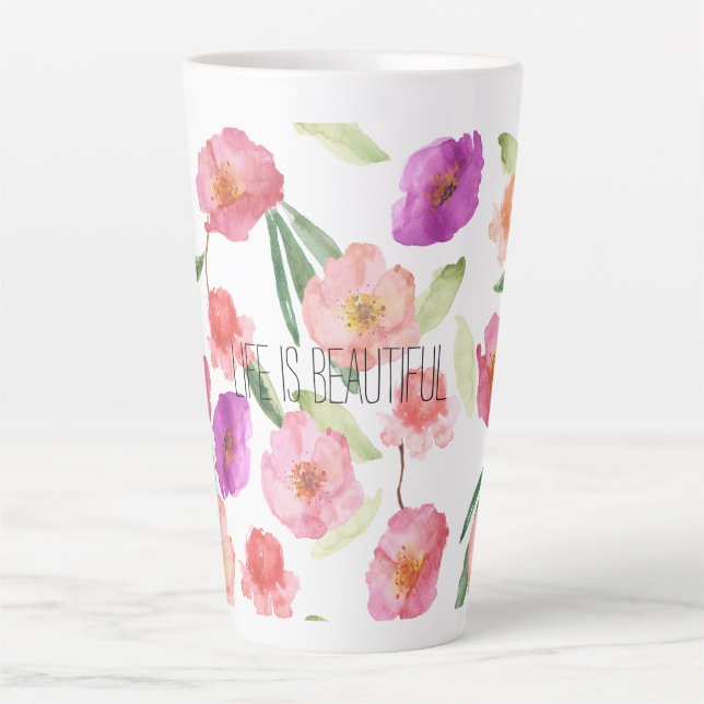 Girly Peach Pink Purple Floral Watercolor Latte Mug (Front)