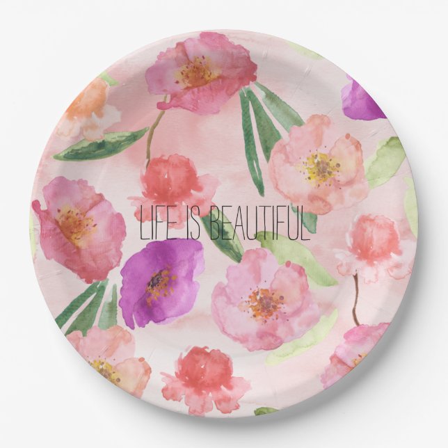 Girly Peach Pink Purple Floral Watercolor Paper Plate (Front)