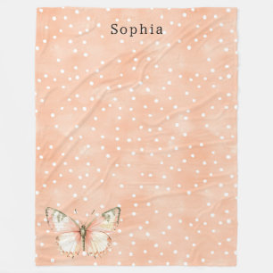 Girly Peach White Dots Butterfly Fleece Blanket