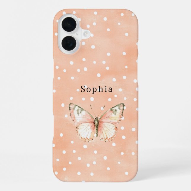 Girly Peach White Dots Butterfly   iPhone Case (Back)