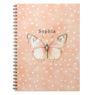 Girly Peach White Dots Butterfly   Notebook