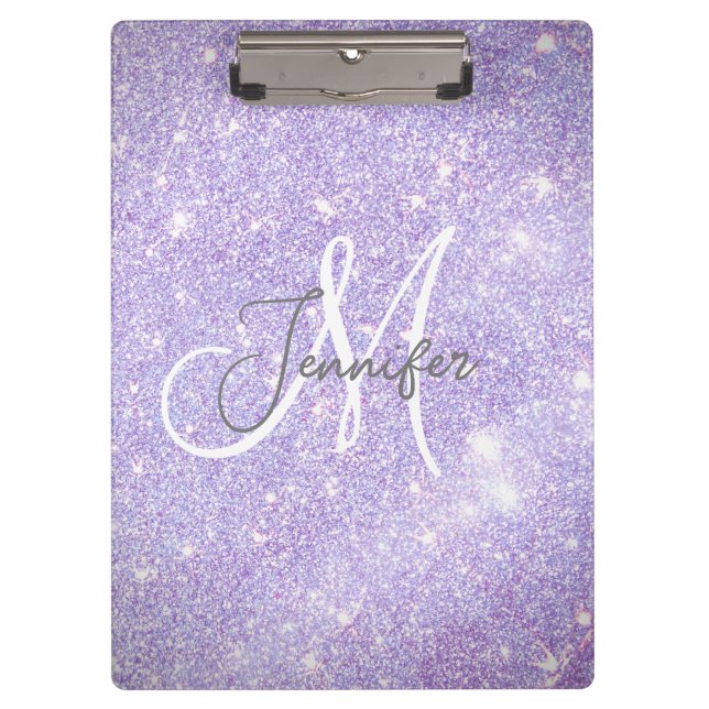 Girly Periwinkle Blue Glitter Blush Monogram name Clipboard (Front)