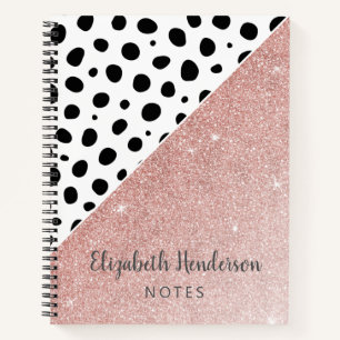 Girly Personalised Black Dots Rose Gold Glitter No Notebook
